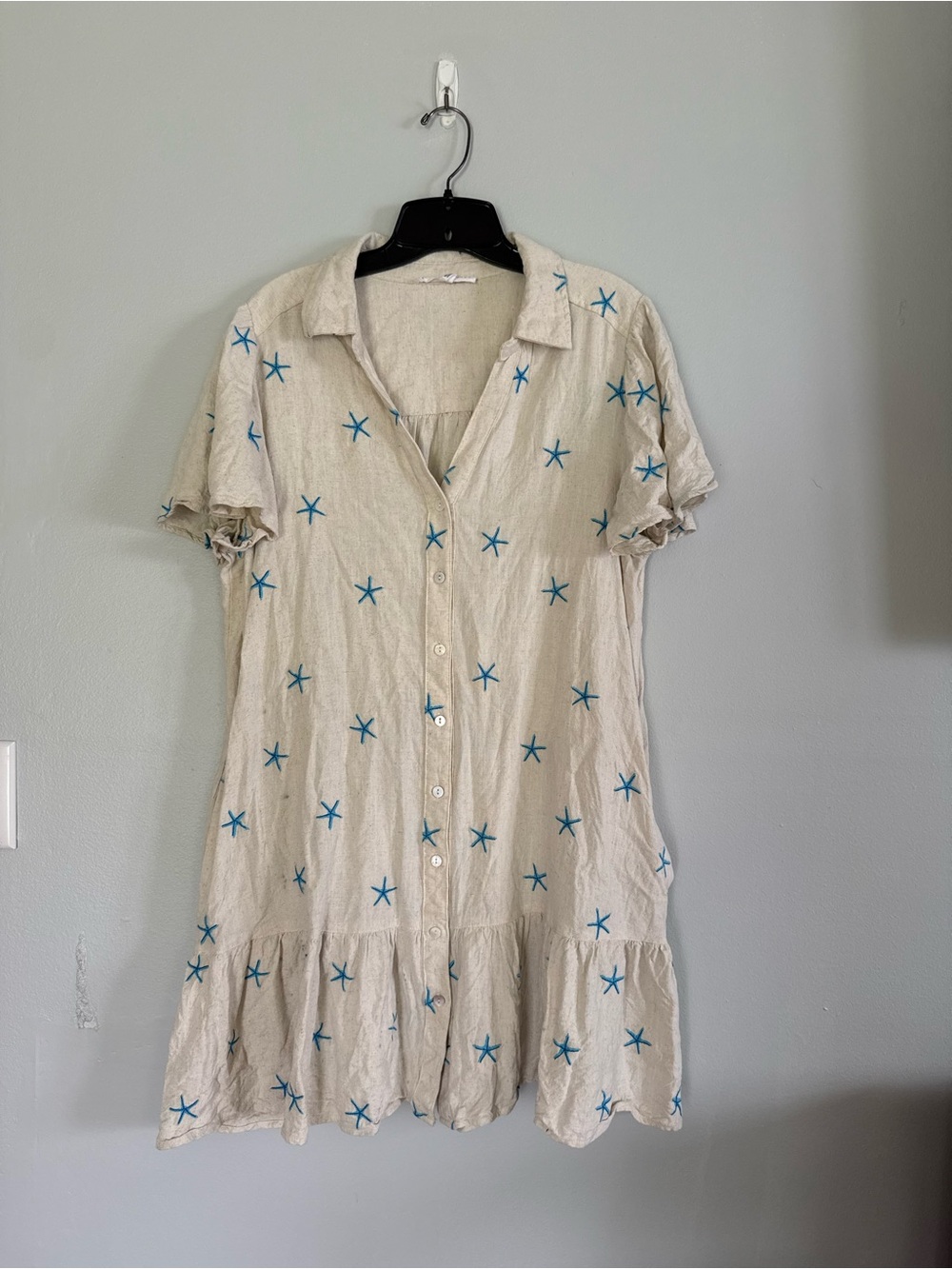 Jane And Delancey Womens Linen Cotton All Over Stars Collared Babydoll Dress, L
